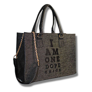 I Am One Dope Chick Black Denim Tote With Gold Hardware