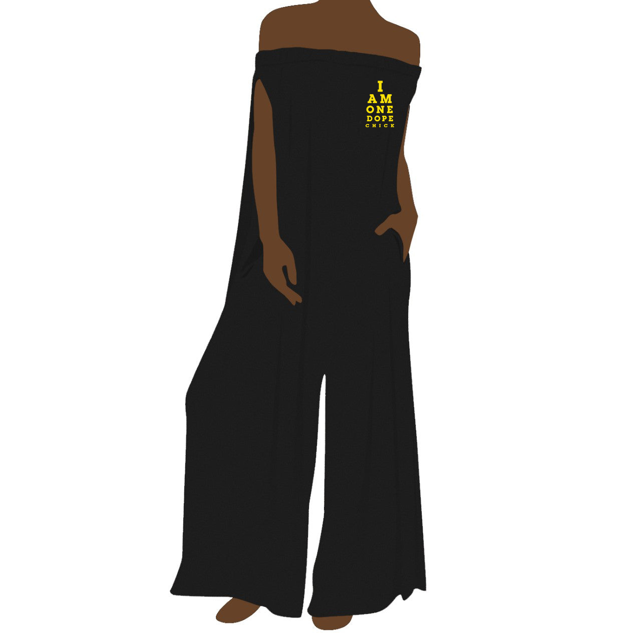 I Am One Dope Chick Off Shoulder Jumpsuit In Black & Yellow