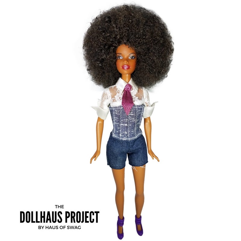 Denim Corset With Lace Top X Tie Afro Collector Doll