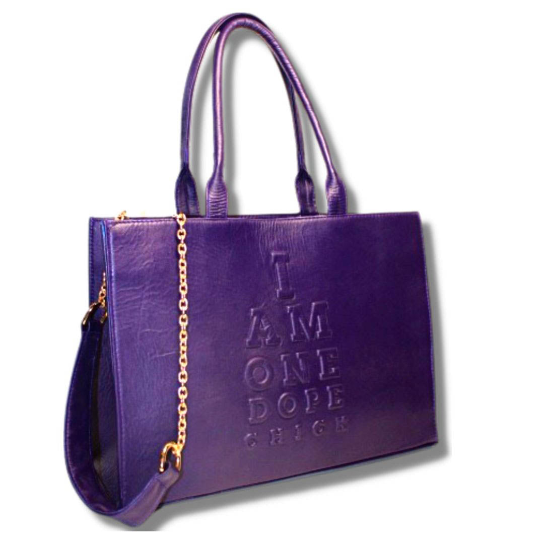 I Am One Dope Chick Leather Tote In Purple Reign