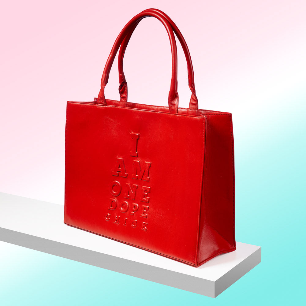 I Am One Dope Chick Leather Tote In Red Haute